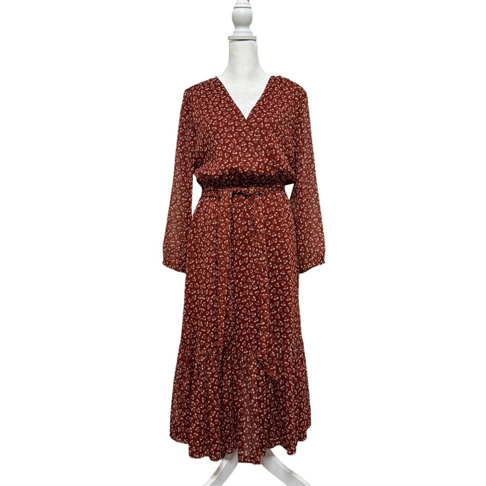 J Crew long sleeve v neck red floral midi dress